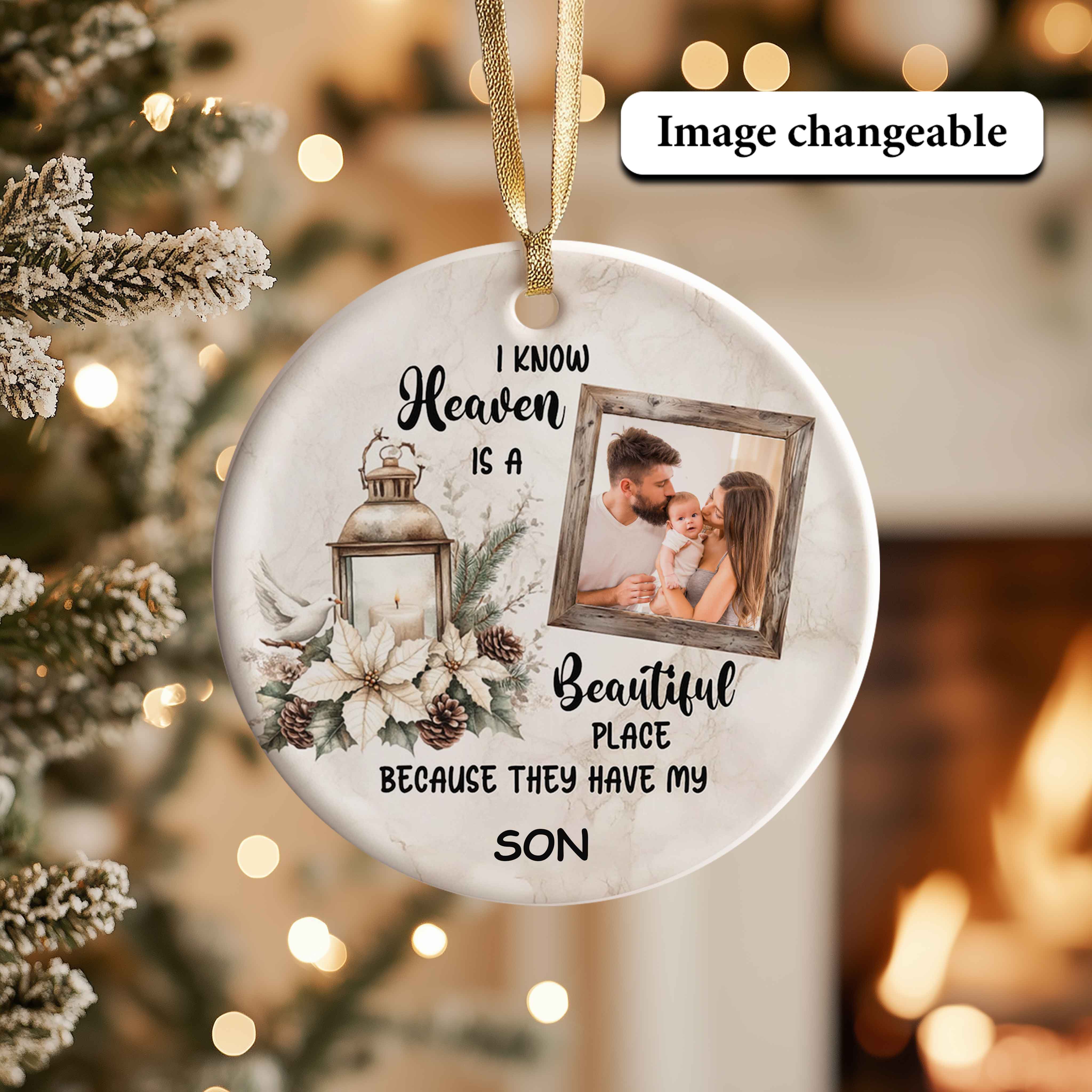 Rustic Memorial with Lantern and Dove | "Heaven is a Beautiful Place" | Christmas | Ceramic Ornament